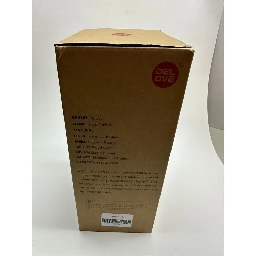 DELOVE Glass Pitcher 68 oz 2L Pink Borosilicate Stainless Lid NEW IN BOX